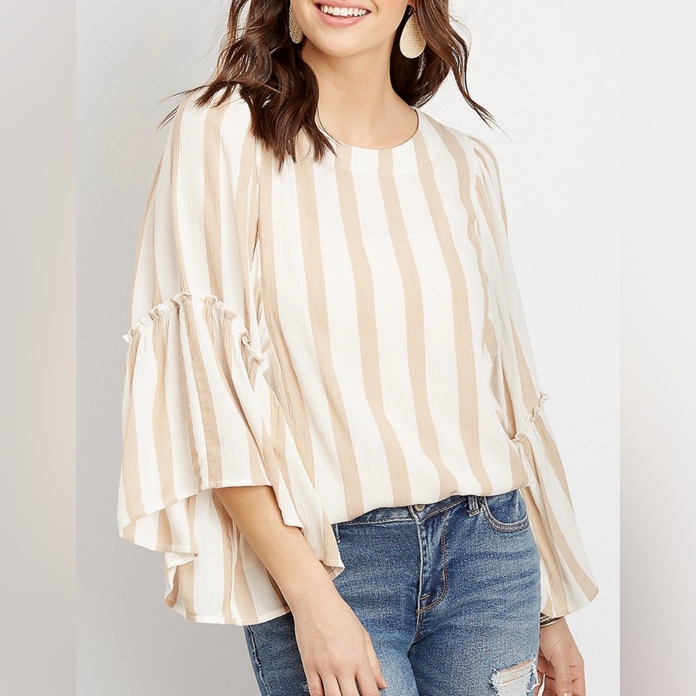 Maurices Khaki Stripe Flutter Sleeve Top, Size XS, 100% Rayon, Girl's Night Out